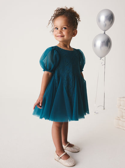 Teal Blue 3D Flower Godet Occasion Dress (3mths-8yrs) - image 2