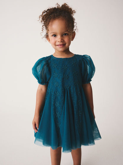 Teal Blue 3D Flower Godet Occasion Dress (3mths-8yrs) - image 3