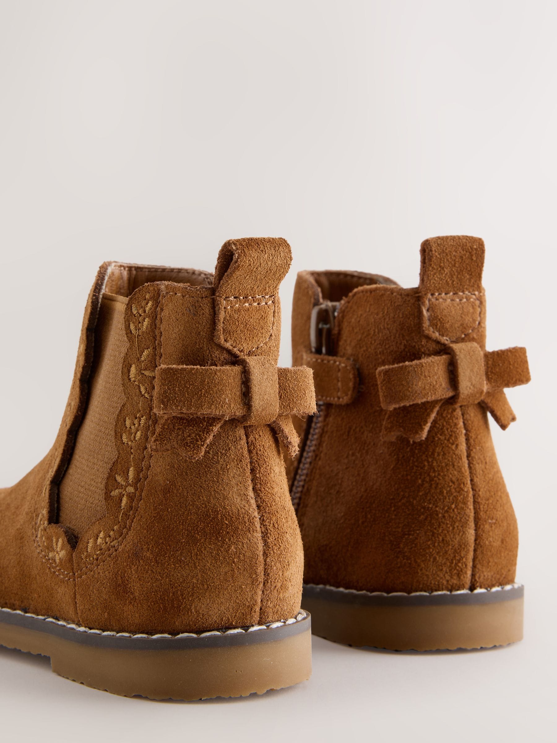 Tan Brown Suede Bow Detail Chelsea Ankle Boots image 5