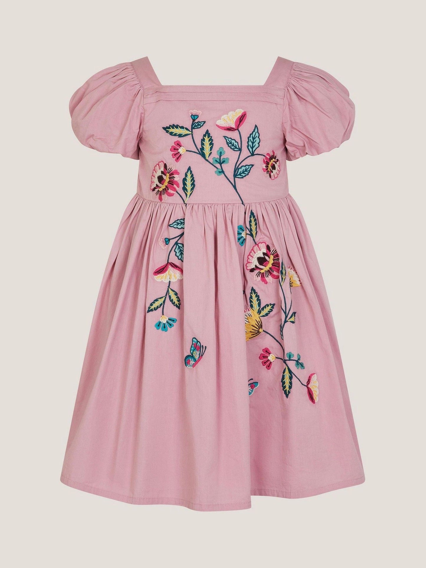 Monsoon Pink Floral Embroidered Puff Sleeve Dress image 2
