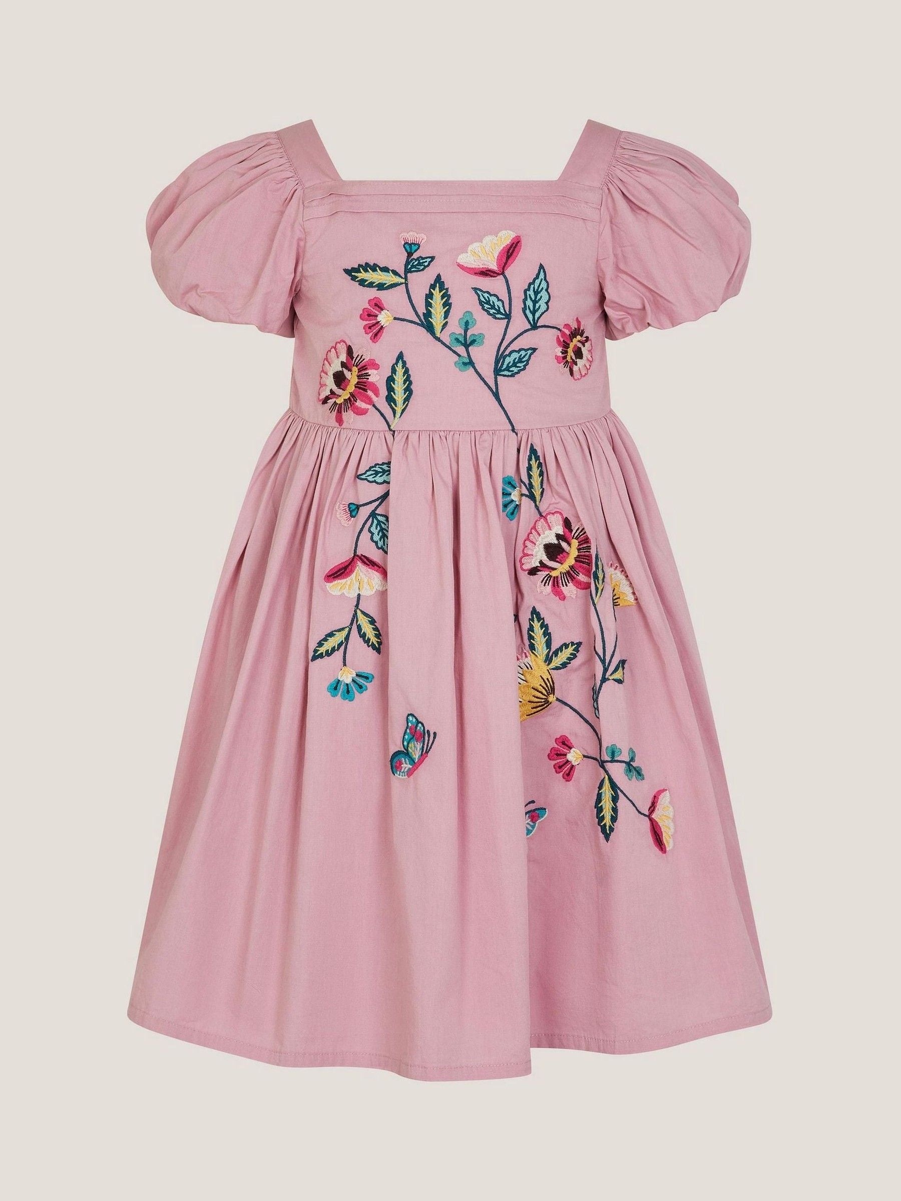 Monsoon Pink Floral Embroidered Puff Sleeve Dress image 2