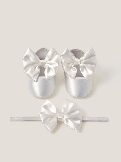 Monsoon Cream Baby Satin Bow Headband & Booties Set image 1