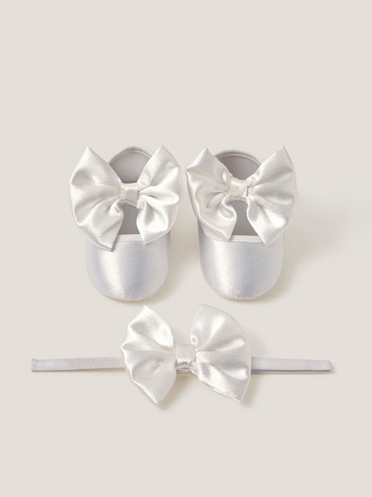 Monsoon Cream Baby Satin Bow Headband & Booties Set image 1
