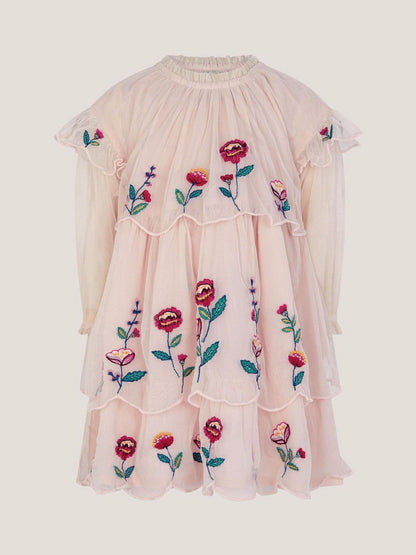Monsoon Pink Baby Floral Embroidered Scallop Tier Dress image 1