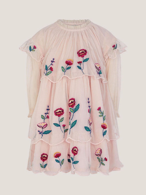 Dsiney Kidz - Monsoon Pink Baby Floral Embroidered Scallop Tier Dress image 1