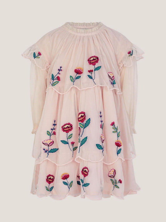 Monsoon Pink Baby Floral Embroidered Scallop Tier Dress image 1
