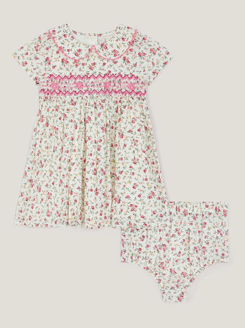 Monsoon Natural Baby Rose Smocked Dress & Briefs Set image 1