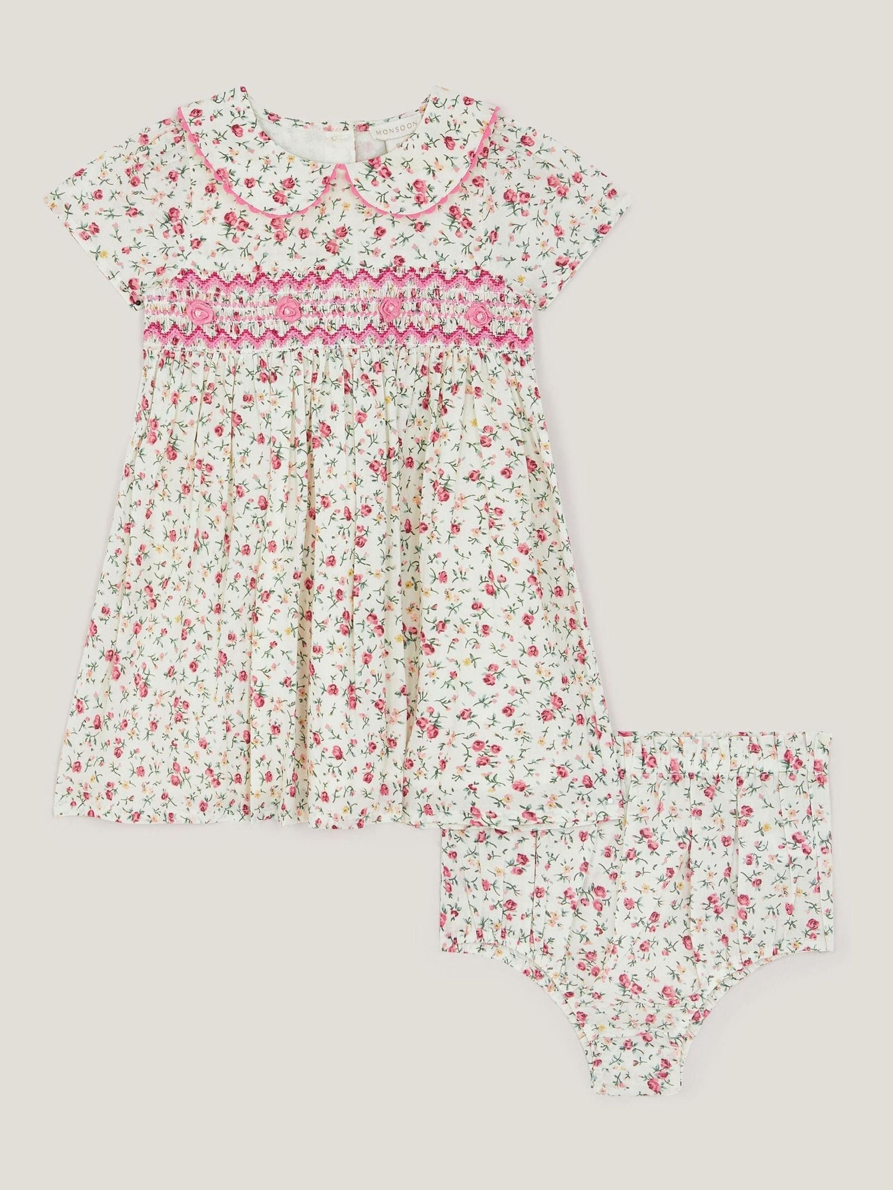 Monsoon Natural Baby Rose Smocked Dress & Briefs Set image 1