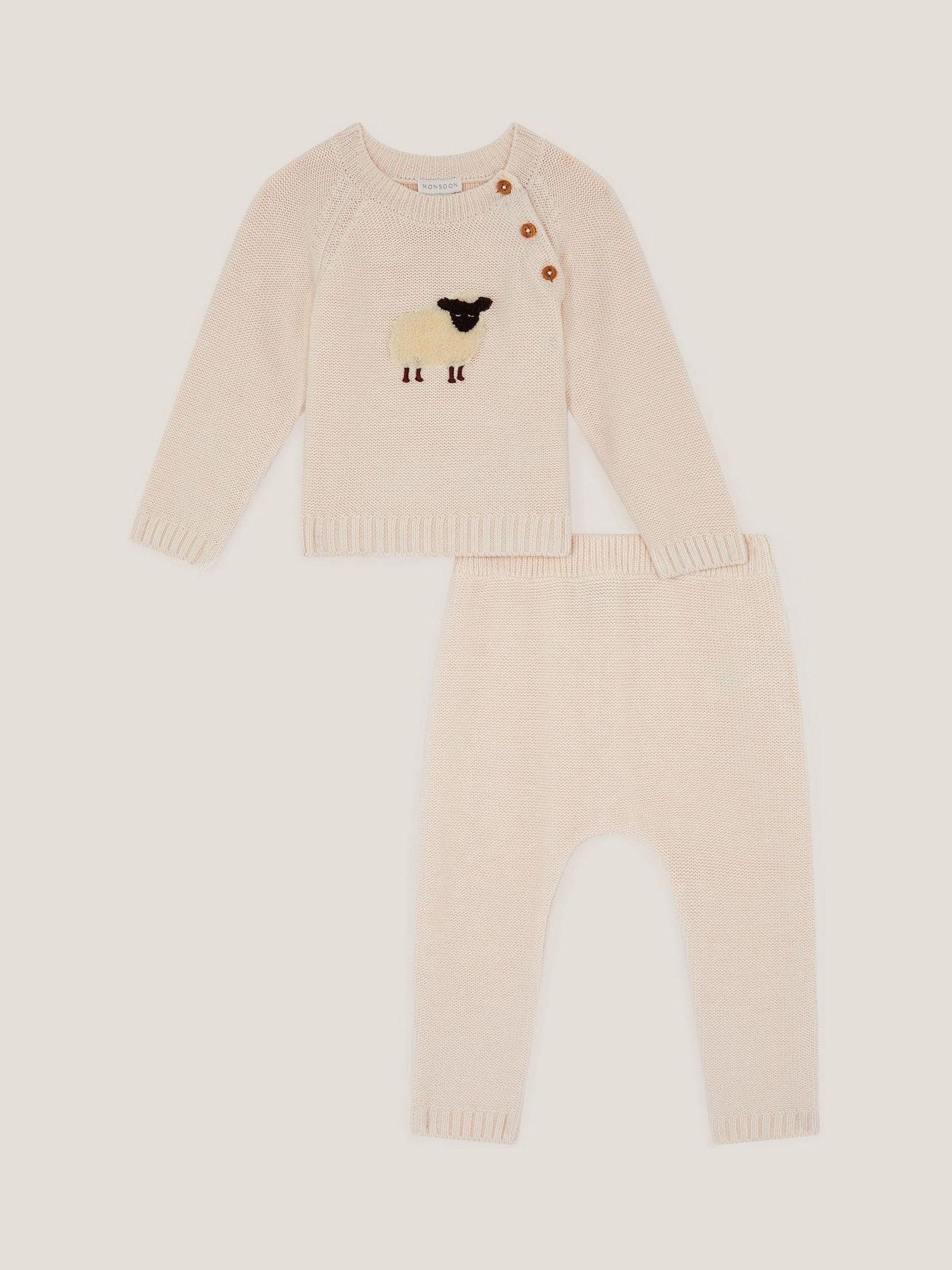 Monsoon Cream Newborn Sheep Jumper & Knit Joggers Set image 1