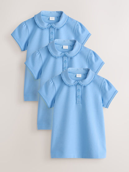 Dsiney Kidz - Blue Cotton Stretch Frill Collar School Polo Tops 3 Pack (3-14yrs) image 1