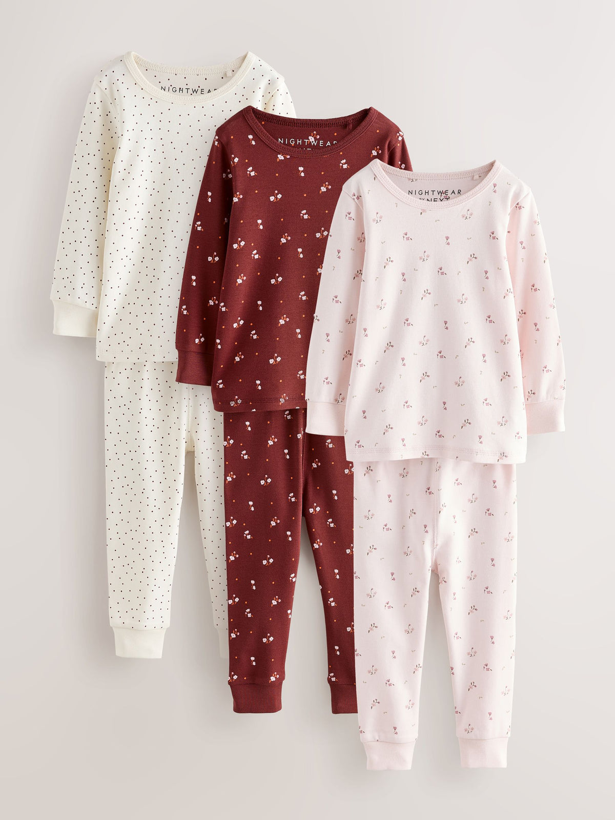 Pink/Brown Ditsy Print Snuggle Pyjamas 3 Pack (9mths-12yrs) - image 5