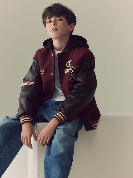 Burgundy Red Varsity Faux Leather Hooded Jacket (6-16yrs) - image 1