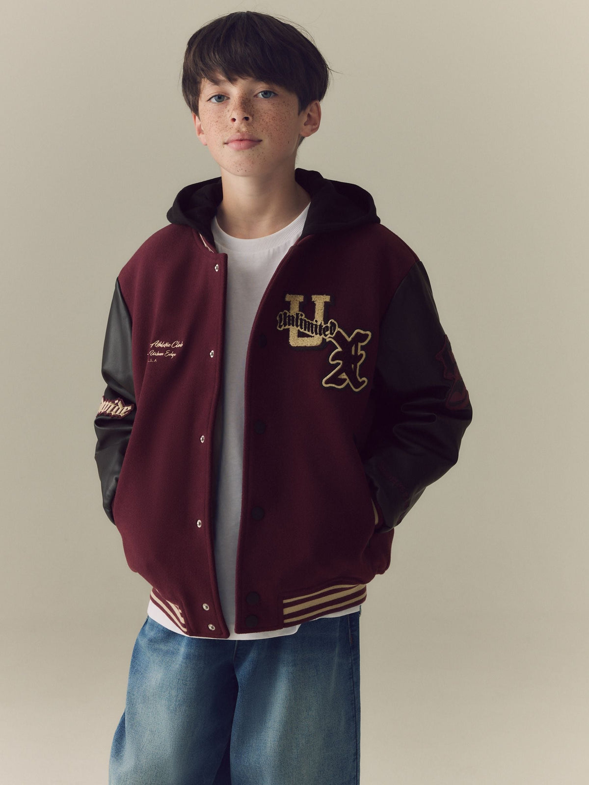 Burgundy Red Varsity Faux Leather Hooded Jacket (6-16yrs) - image 2