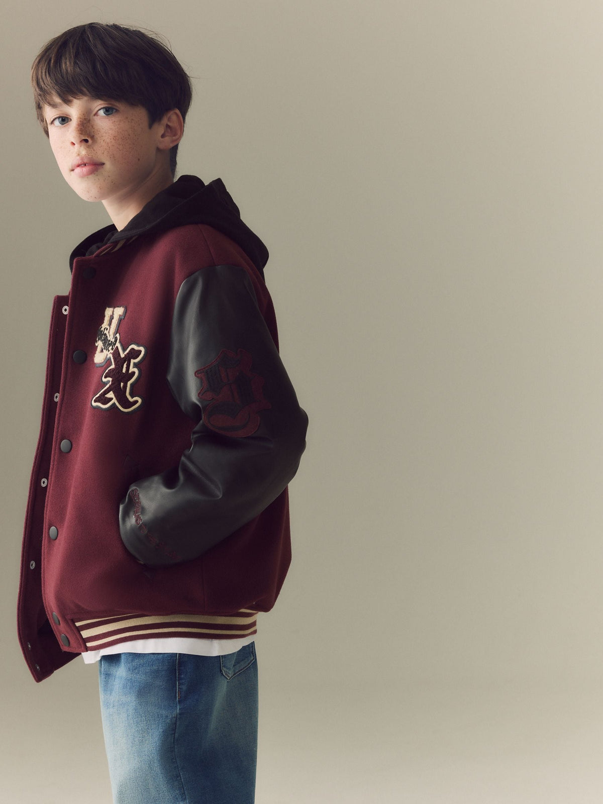 Burgundy Red Varsity Faux Leather Hooded Jacket (6-16yrs) - image 3
