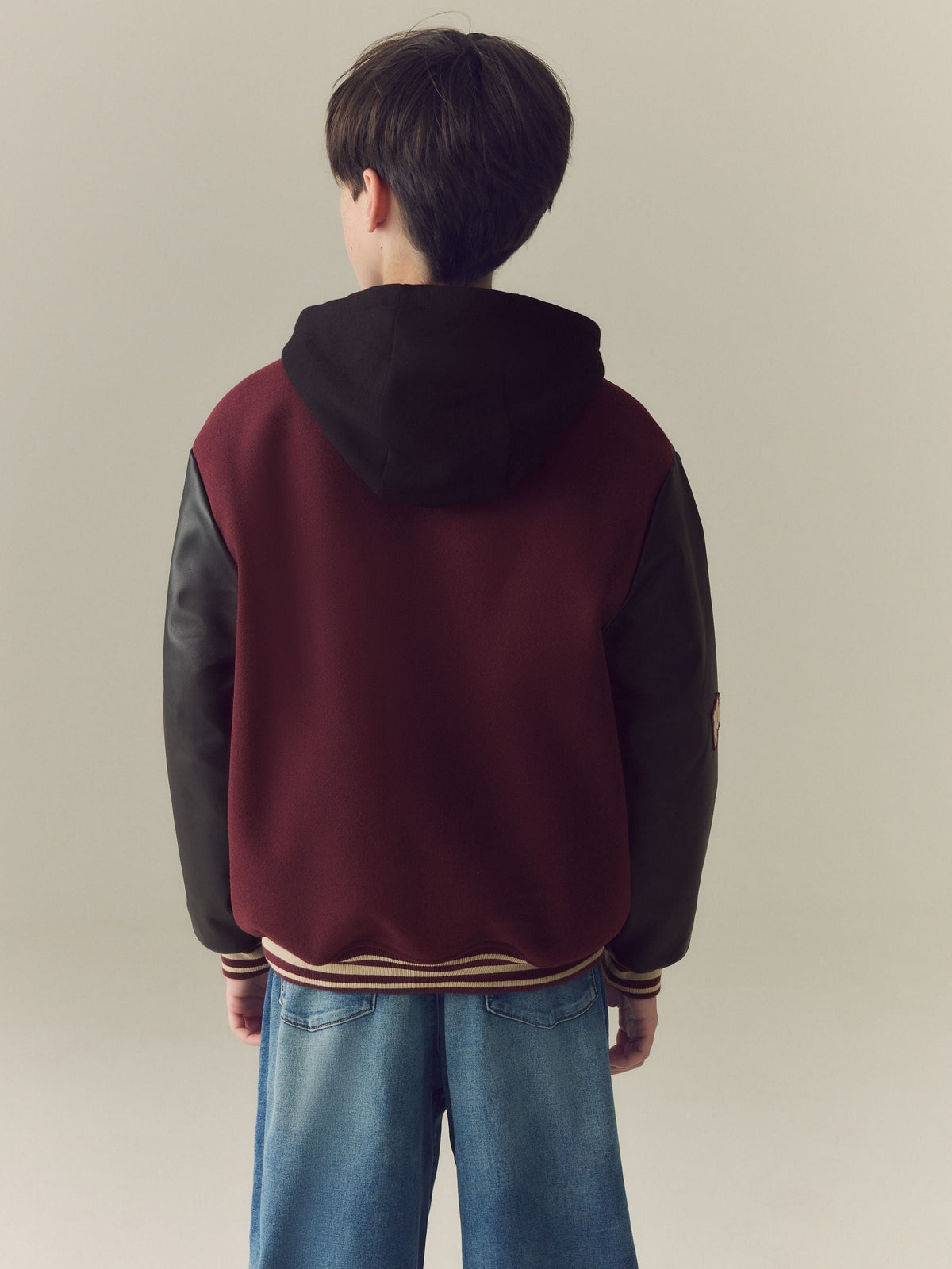 Burgundy Red Varsity Faux Leather Hooded Jacket (6-16yrs) - image 4