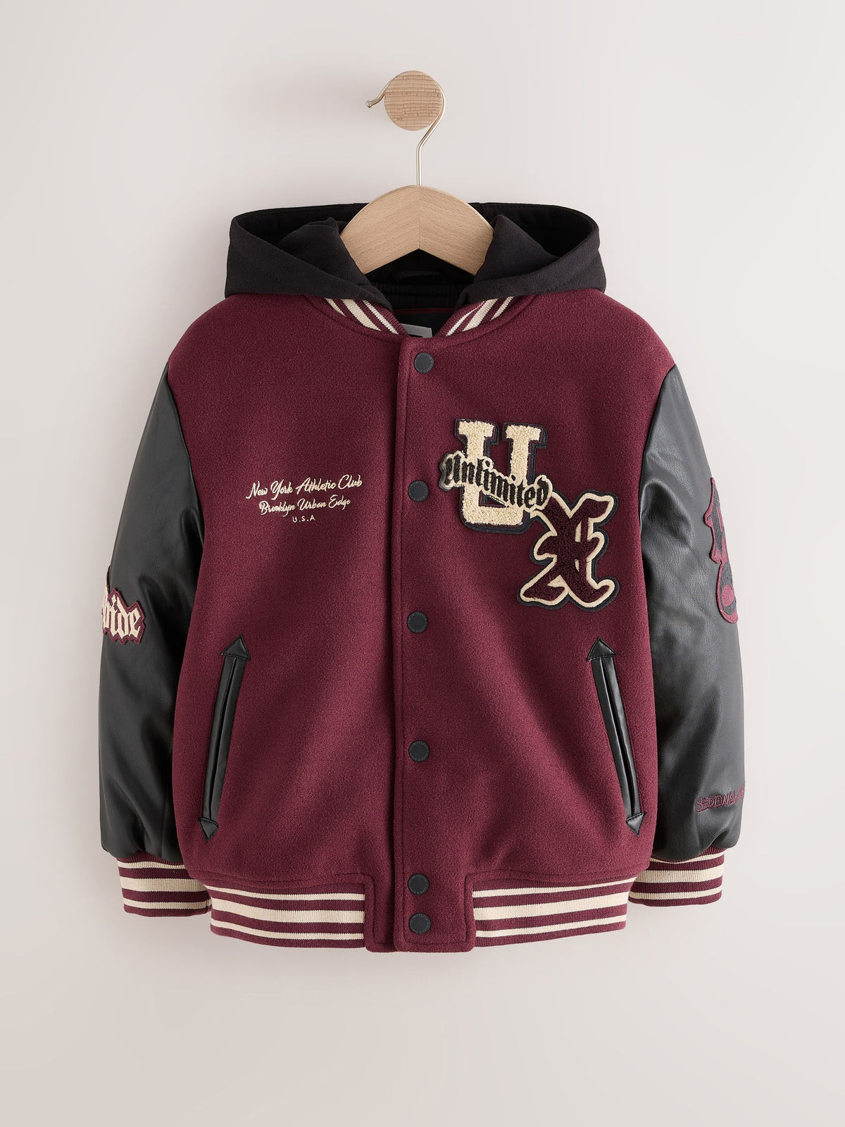 Burgundy Red Varsity Faux Leather Hooded Jacket (6-16yrs) - image 6