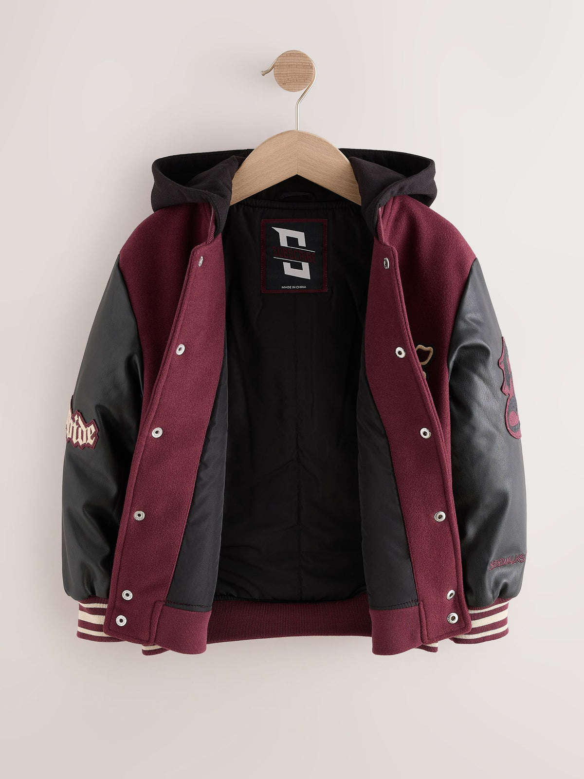 Burgundy Red Varsity Faux Leather Hooded Jacket (6-16yrs) - image 7