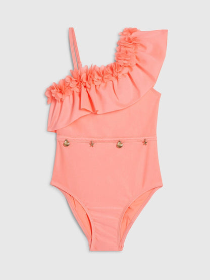 Dsiney Kidz - River Island Orange 3D Flower Asymmetric Swimsuit image 1