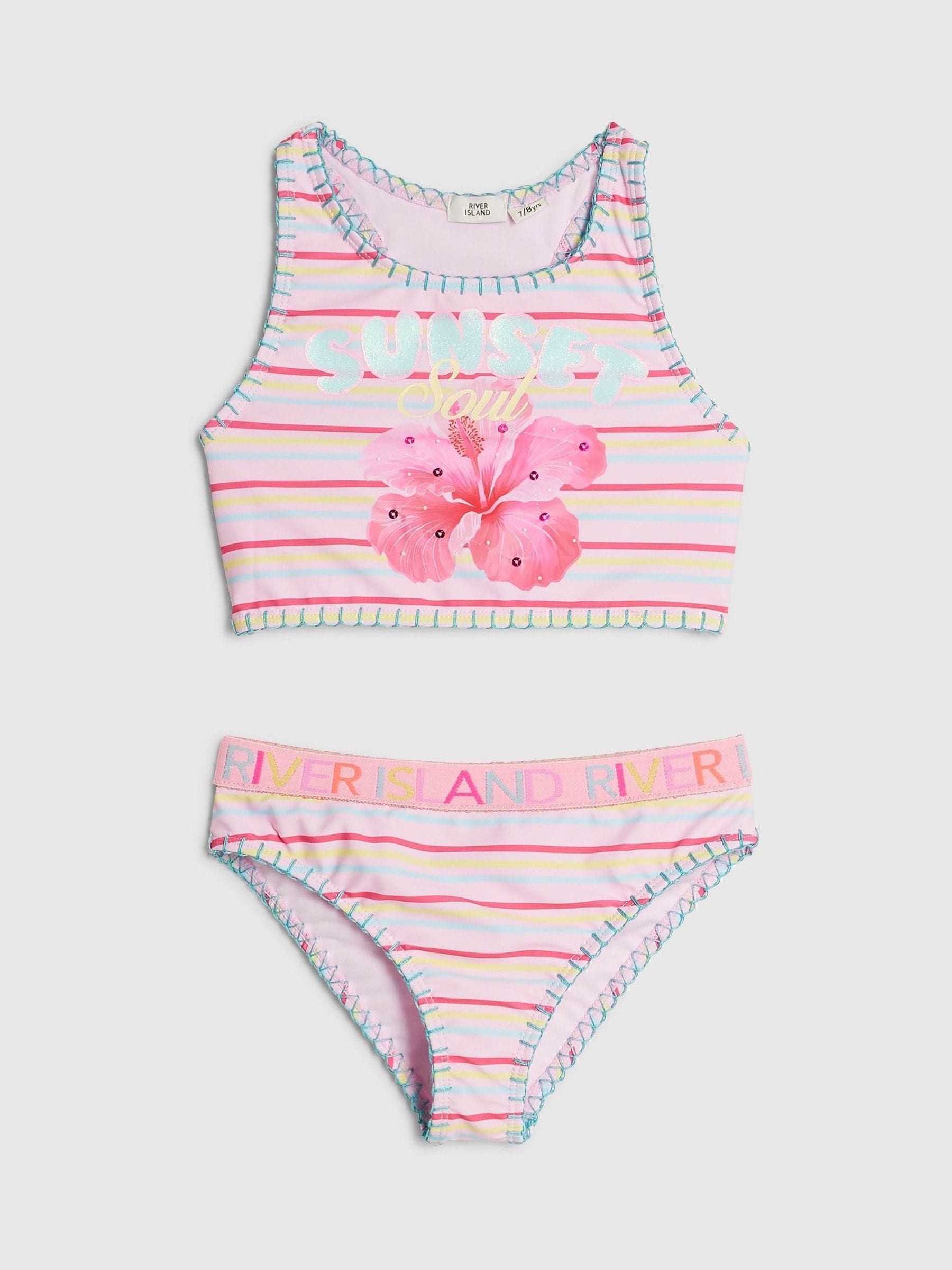 Dsiney Kidz - River Island Pink Orchid Logo Stripe Bikini image 1