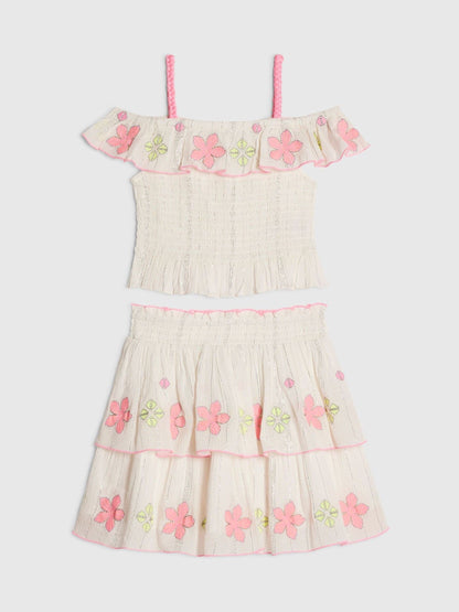 Dsiney Kidz - River Island Cream Neon Embrodiered Frill Top & Rara Skirt Set image 1