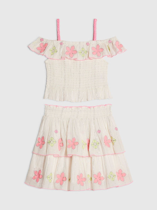 Dsiney Kidz - River Island Cream Neon Embrodiered Frill Top & Rara Skirt Set image 1