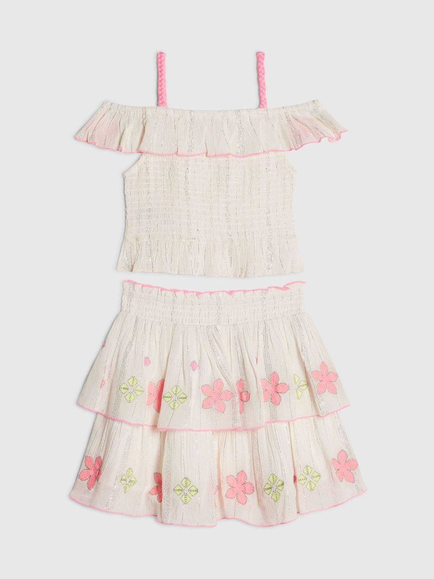 Dsiney Kidz - River Island Cream Neon Embrodiered Frill Top & Rara Skirt Set image 2