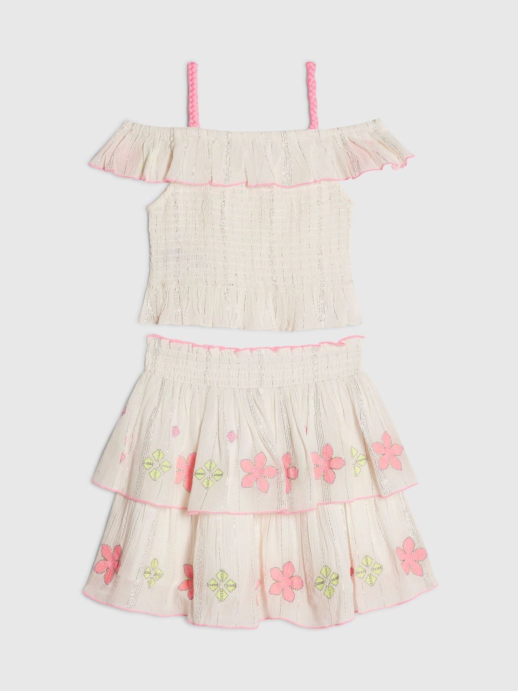 Dsiney Kidz - River Island Cream Neon Embrodiered Frill Top & Rara Skirt Set image 2