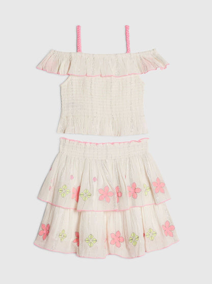 Dsiney Kidz - River Island Cream Neon Embrodiered Frill Top & Rara Skirt Set image 2