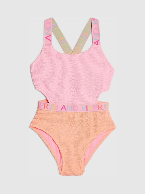 Dsiney Kidz - River Island Pink/Orange Colour Block Textured Logo Swimsuit image 1