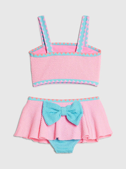 River Island Pink Bow Textured 3 Piece Bikini & Skirt Set image 2