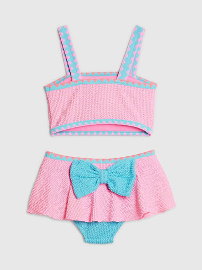River Island Pink Bow Textured 3 Piece Bikini & Skirt Set image 3