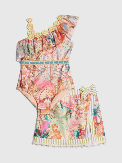 River Island Orange Del Maar Aysmmetric Swimsuit & Skirt Set image 1