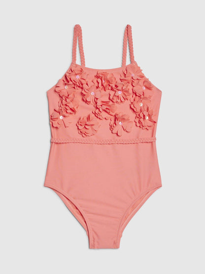River Island Coral Pink 3D Flower Swimsuit image 1