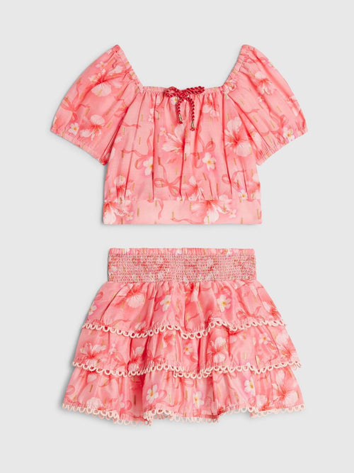 Dsiney Kidz - River Island Pink Hibiscus Bow Puff Sleeve Top & Rara Skirt Set image 1