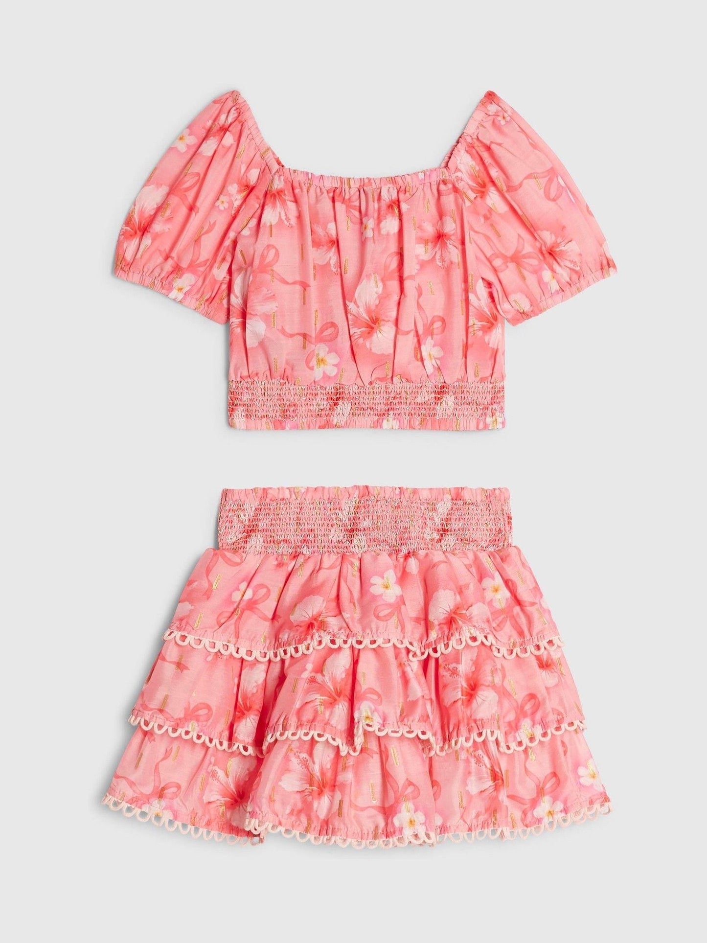 River Island Pink Hibiscus Bow Puff Sleeve Top & Rara Skirt Set image 2