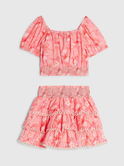 River Island Pink Hibiscus Bow Puff Sleeve Top & Rara Skirt Set image 2