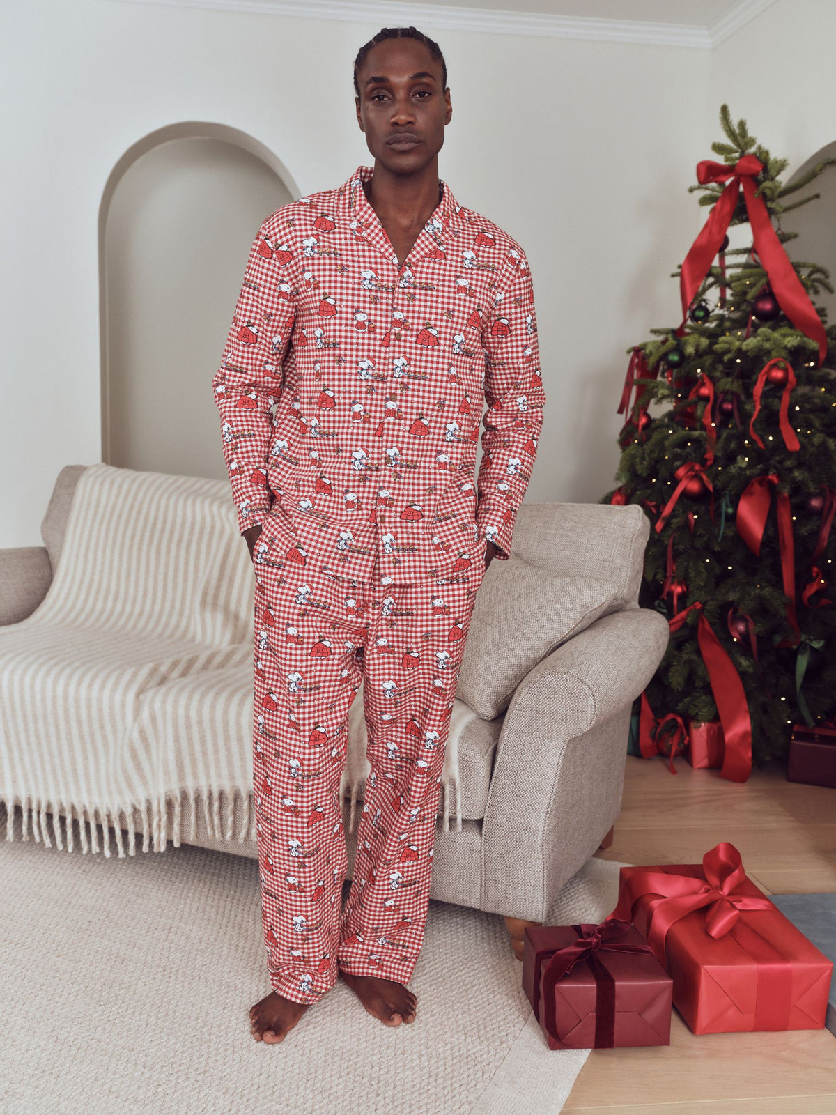 Snoopy Red Check Button Through Set Family Matching Christmas Pyjamas Set - image 1