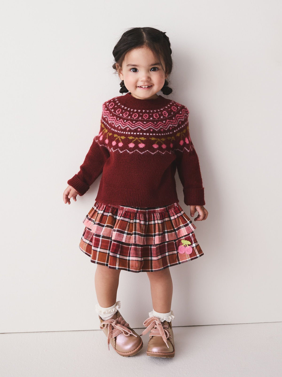 Berry and Pink Fairisle Jumper and Check Skirt Set (3mths-7yrs) - image 1