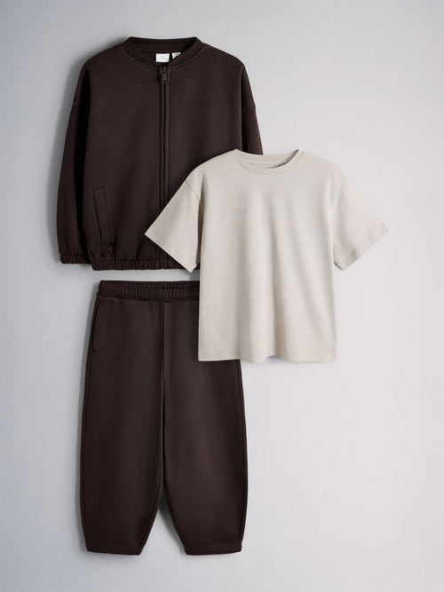 Dsiney Kidz - The Set 3 Piece Jersey Zip Through Bomber Short Sleeve Oversized T-Shirt and Barrel Jogger Set Chocolate Brown/Cream image 1