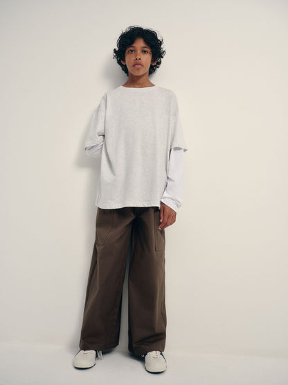 Dsiney Kidz - The Set Long Sleeve Relaxed Mock Layer T-Shirt and Woven Relaxed Trousers Set Grey/White/Brown image 1