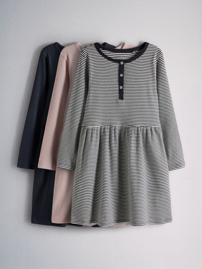 Dsiney Kidz - The Set 3 Pack Long Sleeve Ribbed Jersey Henley Dresses Pink/Navy/Stripe image 1