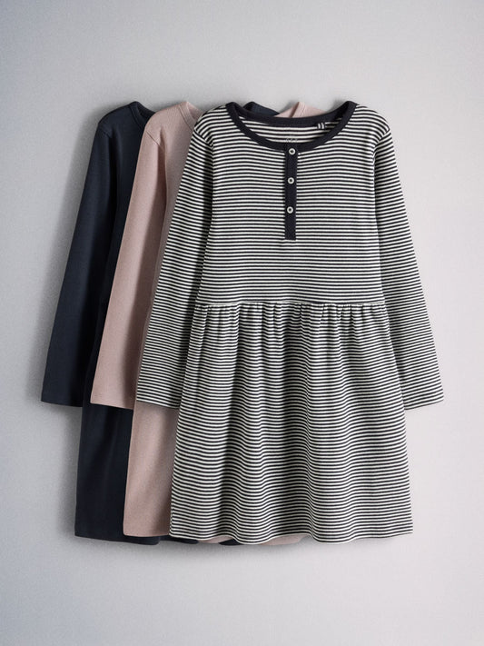 Dsiney Kidz - The Set 3 Pack Long Sleeve Ribbed Jersey Henley Dresses Pink/Navy/Stripe image 1