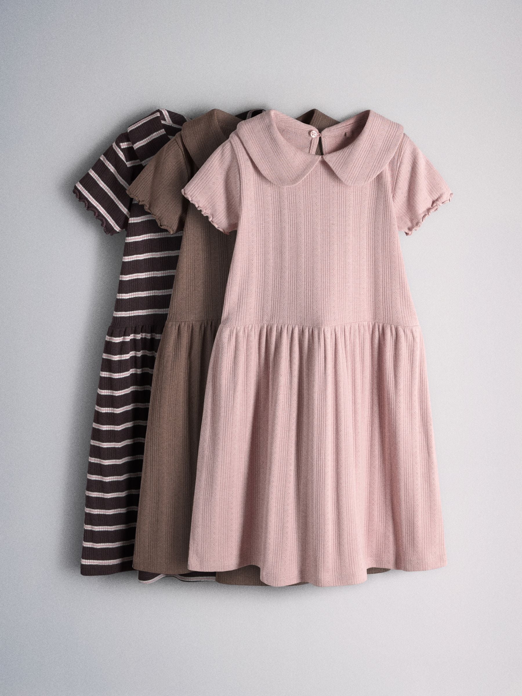 Dsiney Kidz - The Set 3pack Jersey Pointelle Short Sleeve Collared Dresses Pink/Brown/Stripe image 1