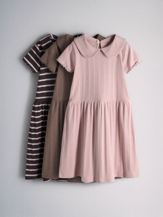 Dsiney Kidz - The Set 3pack Jersey Pointelle Short Sleeve Collared Dresses Pink/Brown/Stripe image 1