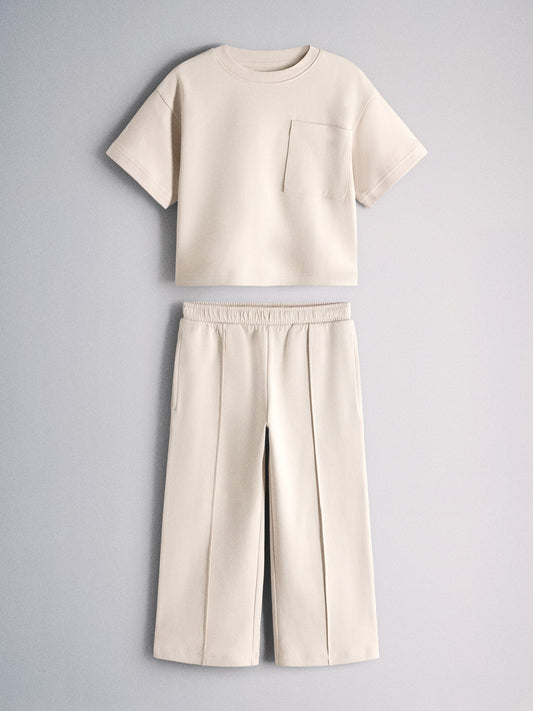 Dsiney Kidz - The Set Short Sleeve Interlock Jersey Pocket T-Shirt and Wide Leg Jogger Set Cream image 1