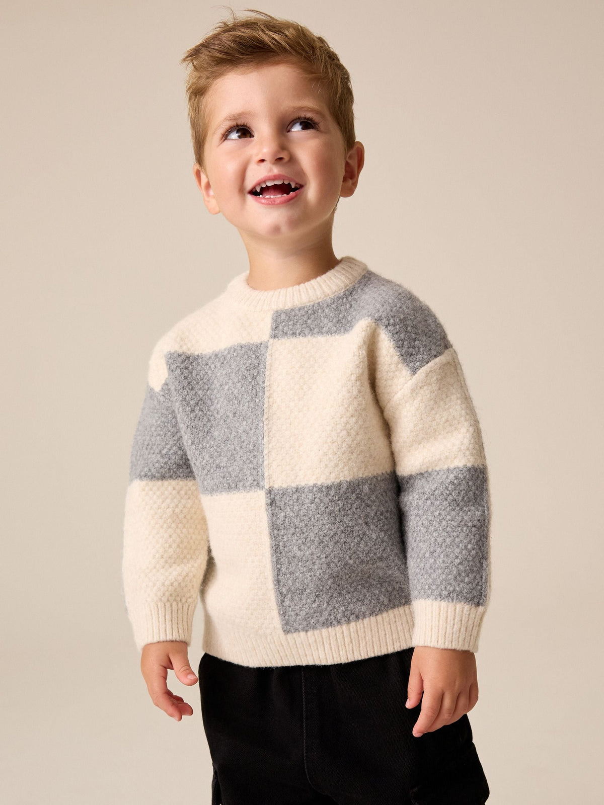 Grey/White Checkerboard Knit Crew Neck Jumper (3mths-7yrs) - image 1