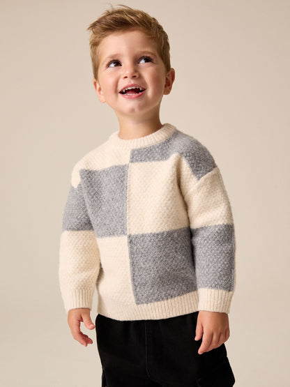 Grey/White Checkerboard Knit Crew Neck Jumper (3mths-7yrs) - image 1