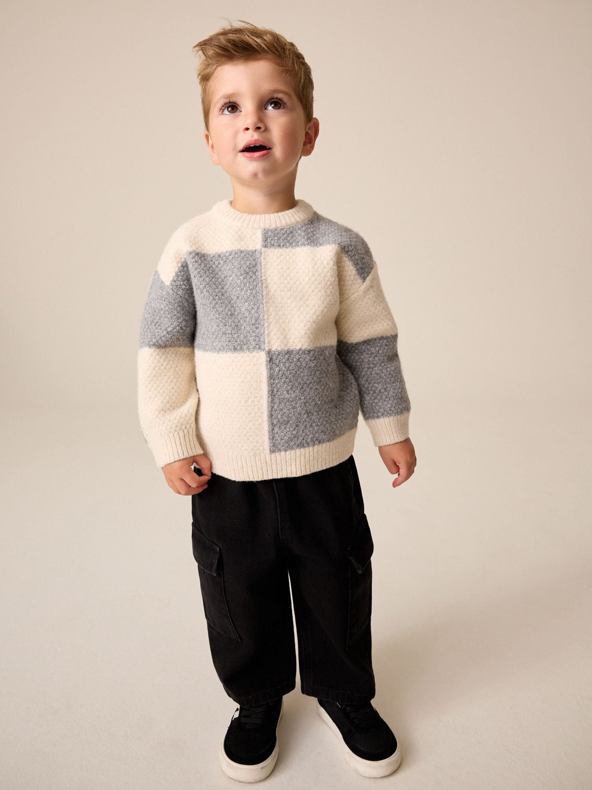 Grey/White Checkerboard Knit Crew Neck Jumper (3mths-7yrs) - image 2