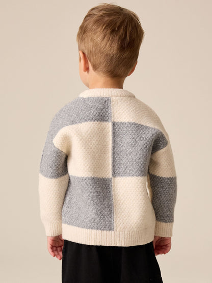 Grey/White Checkerboard Knit Crew Neck Jumper (3mths-7yrs) - image 3