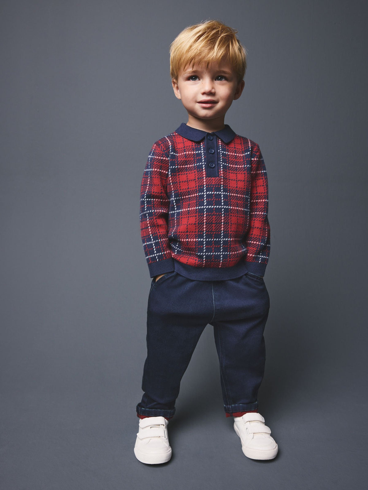 Red Popper Neck Check Polo Shirt (3mths-7yrs) - image 2